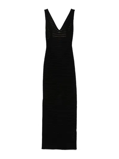 ELISABETTA FRANCHI BLACK LONG DRESS IN OPENWORK KNIT
