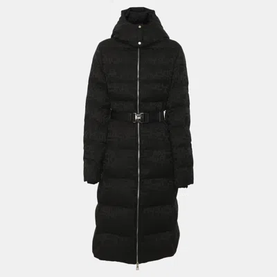 Pre-owned Elisabetta Franchi Black Monogram Jacquard Padded Down Belted Trench Coat M