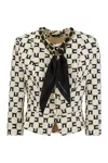 ELISABETTA FRANCHI BLACK MONOGRAM PRINT CREPE JACKET WITH CHAIN ACCESSORY AND SCARF