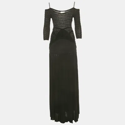 Pre-owned Elisabetta Franchi Black Perforated Knit Off Shoulder Maxi Dress L