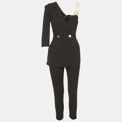Pre-owned Elisabetta Franchi Black Pin Striped Wool Blend Asymmetric Jumpsuit S