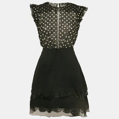 Pre-owned Elisabetta Franchi Black Polka Dot Crepe Detachable Skirt Lace Trimmed Mini Dress S
