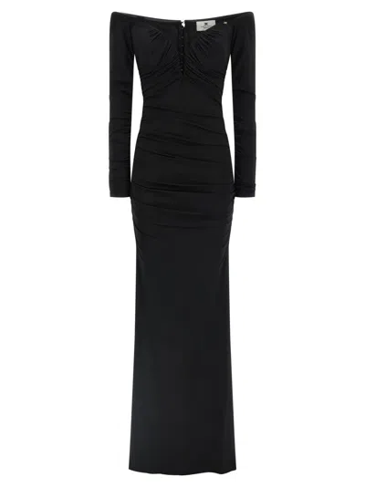 Elisabetta Franchi Black Off-shoulder Ruched Long Dress In Viscose Blend Woman In Blue