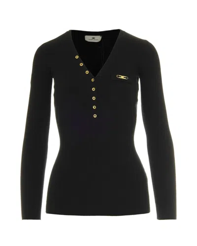 ELISABETTA FRANCHI BLACK RIBBED TOP WITH POCKET DETAIL
