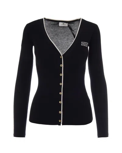 Elisabetta Franchi Black Ribbed Wool V-neck Cardigan
