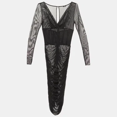 Pre-owned Elisabetta Franchi Black Ruched Mesh Midi Dress M