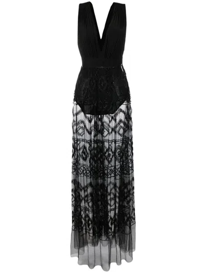 Elisabetta Franchi Black Sheer Pleated Long Dress With Rhombus Embroidered Crystal Detailing For Women