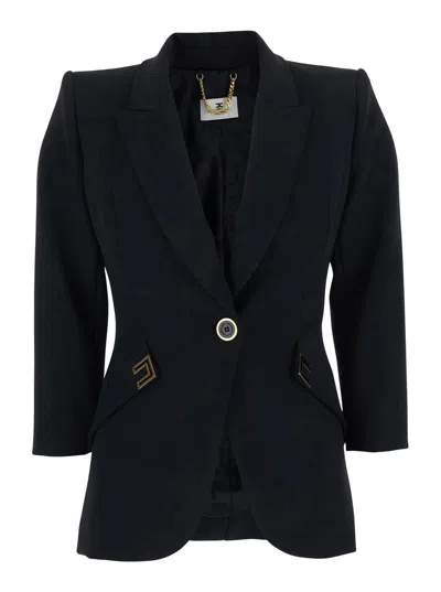 Elisabetta Franchi Black Single-breasted Jacket With Peak Revers And Two Front Flap Pockets With Logo Plaque In Tech Fa