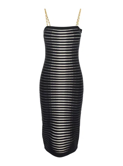 Elisabetta Franchi Black Sleeveless Dress With Removable Chain-link Shoulder Strap And All-over Striped Motif In Viscos