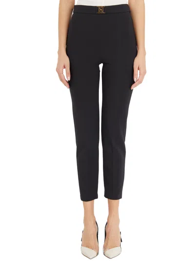 Elisabetta Franchi Black Stretch Crepe Straight Trousers With Satin Monogram Lining And Golden Accent