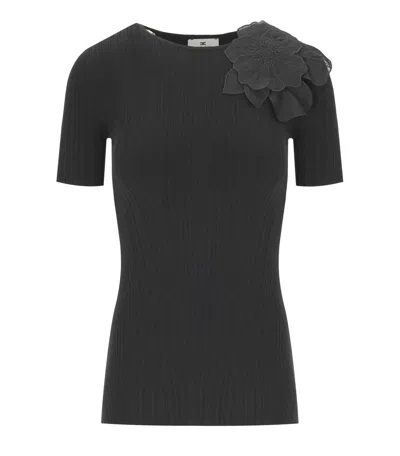 ELISABETTA FRANCHI BLACK T-SHIRT WITH FLOWER