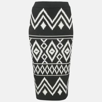 Elisabetta Franchi Black Tribal Intarsia Stretch Knit Midi Skirt