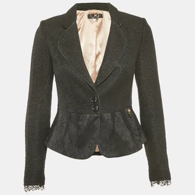 Pre-owned Elisabetta Franchi Black Tweed Button Front Lace Detail Jacket S