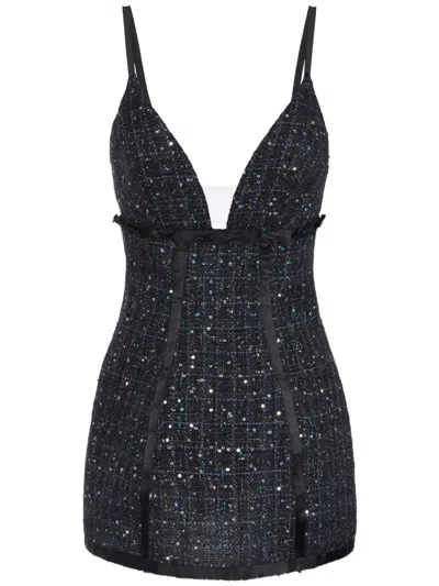 ELISABETTA FRANCHI BLACK TWEED SEQUINS AND BOWS DRESS