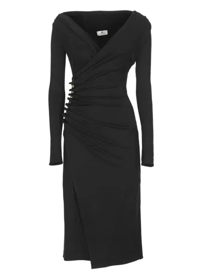 Elisabetta Franchi Black V-neck Midi Dress With Metallic Accents