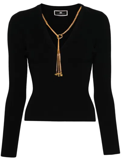 Elisabetta Franchi Black V-neck Sweater With Gold Chain Detail