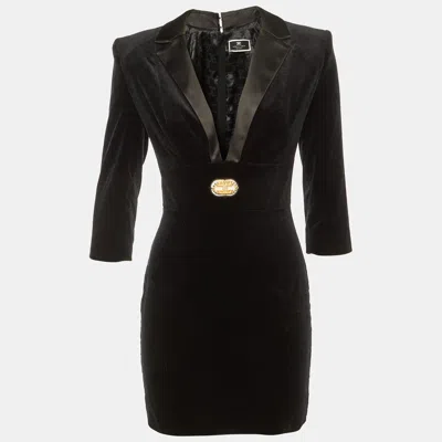 Pre-owned Elisabetta Franchi Black Velvet Logo Detail Mini Dress S