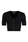 ELISABETTA FRANCHI BLACK VISCOSE-BLEND CARDIGAN WITH RHINESTONE DETAILS AND CROPPED-LENGTH FOR WOMEN