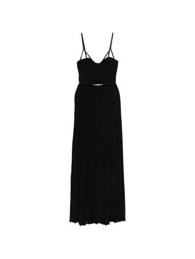 Elisabetta Franchi Pleated Lurex Viscose Long Dress In Black