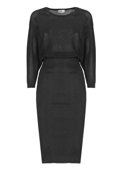 Elisabetta Franchi Black Viscose Midi Dress With Perforated Detailing