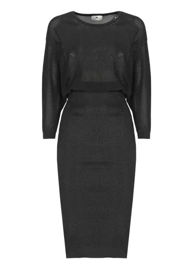 Elisabetta Franchi Black Viscose Midi Dress With Perforated Detailing