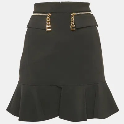 Pre-owned Elisabetta Franchi Black Zipper Detail Crepe Flounce Mini Skirt S