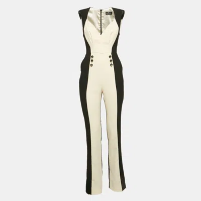 Pre-owned Elisabetta Franchi Black/cream Crepe Button Embellished Jumpsuit S