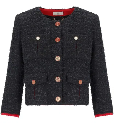 Elisabetta Franchi Black/red Passion Tweed Cropped Jacket