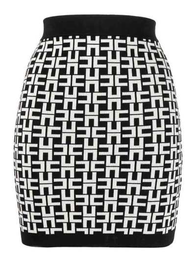 Elisabetta Franchi Logo Pattern Jacquard Skirt In Nero/burro In White/black