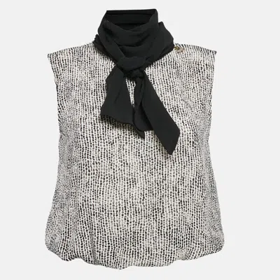 Pre-owned Elisabetta Franchi Black/white Printed Silk Bow Neck Top S