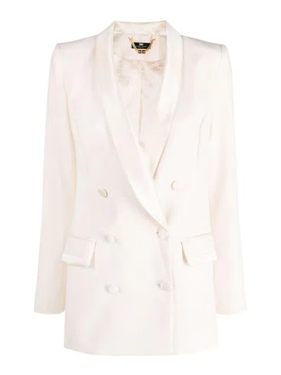 Elisabetta Franchi Double-breasted Satin-trim Blazer In Beige