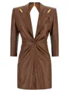 Elisabetta Franchi Crackled Leather-effect Dress With Lapels In Brown