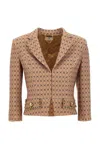 Elisabetta Franchi Camel Diamond Pattern Blazer With Cropped Silhouette In Brown