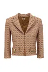 Elisabetta Franchi Camel Diamond Pattern Blazer With Cropped Silhouette In Brown