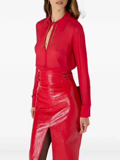 Elisabetta Franchi Blouse In Georgette Fabric With Jewel Logos In Red