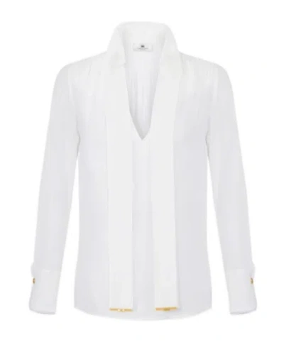 Elisabetta Franchi Blouse In Viscose Georgette Fabric With Sash Belt In White
