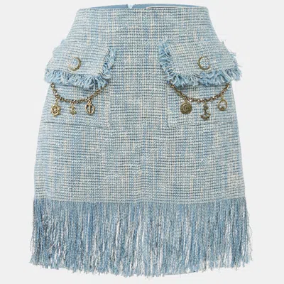 Pre-owned Elisabetta Franchi Blue Charm Detail Tweed Fringed Mini Skirt M