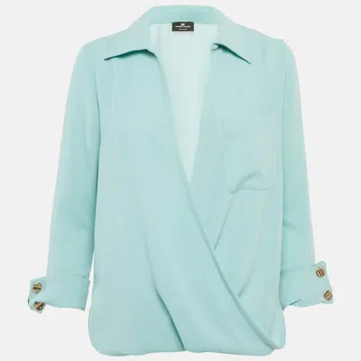 Elisabetta Franchi Blue Crepe Plunking Neck Blouse