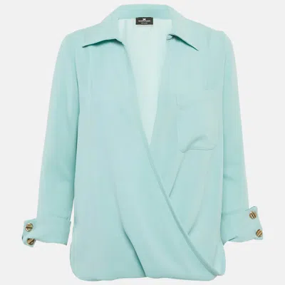 Pre-owned Elisabetta Franchi Blue Crepe Plunking Neck Blouse S