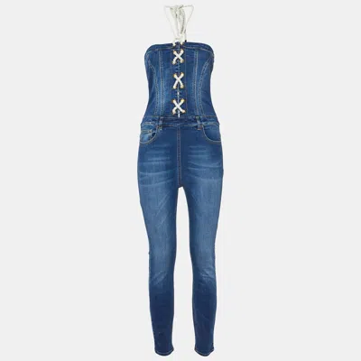 Pre-owned Elisabetta Franchi Blue Denim Lace-up Detail Off-shoulder Jumpsuit M