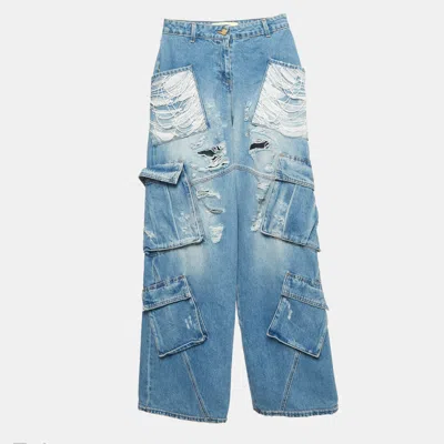 Pre-owned Elisabetta Franchi Blue Denim Sequined Cargo Jeans S/waist 27"