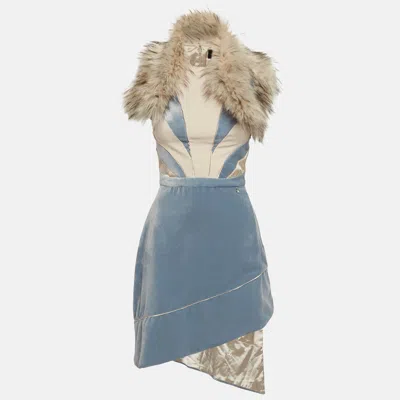 Pre-owned Elisabetta Franchi Blue Fur Trim Velvet Asymmetric Dress S