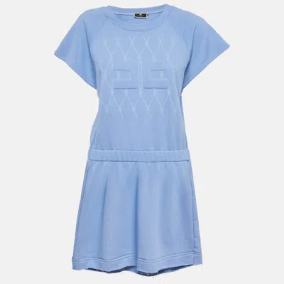 Pre-owned Elisabetta Franchi Blue Logo Embossed Cotton Blend Mini Dress L