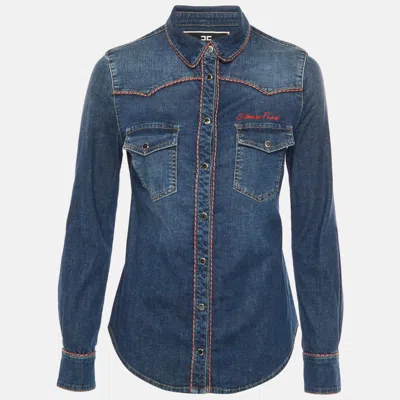 Pre-owned Elisabetta Franchi Blue Logo Embroidered Denim Piped Shirt M