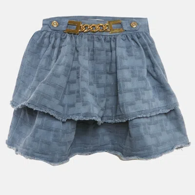 Pre-owned Elisabetta Franchi Blue Logo Pattered Cotton Layered Mini Skirt S
