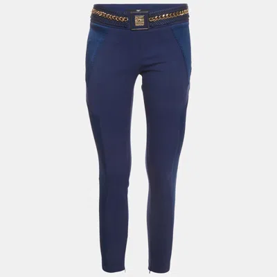 Pre-owned Elisabetta Franchi Blue Logo Plaque Stretch Crepe Cropped Pants M