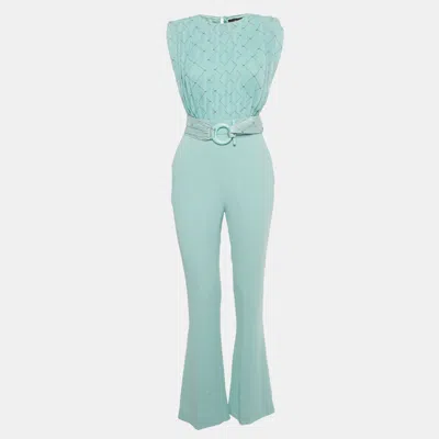Pre-owned Elisabetta Franchi Blue Logo Print Chiffon And Crepe Jumpsuit S
