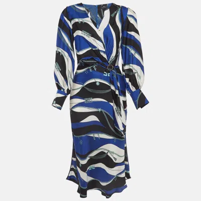 Pre-owned Elisabetta Franchi Blue Printed Detailed Buckle Midi Dress S