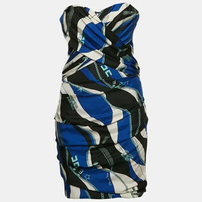 Pre-owned Elisabetta Franchi Blue Printed Silk And Crepe Strapless Mini Dress S