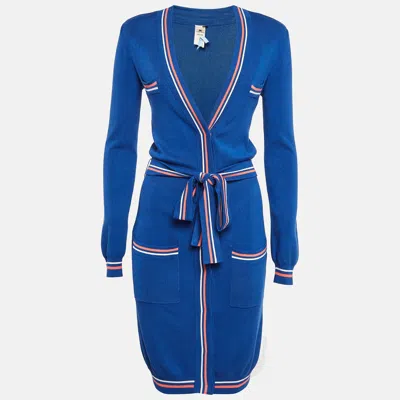 Elisabetta Franchi Blue Rib Knit Belted Long Cardigan